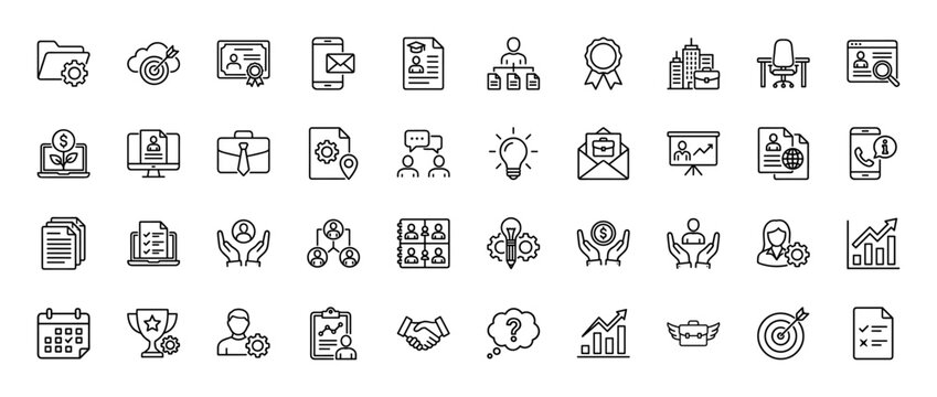 Business management and human resources line icon set. Vector pictograms of career development, corporate planning, and strategy goals, thin linear illustration.