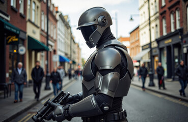 Robot in armored suit patrols a busy city street with pedestrians roaming