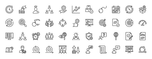 Obraz premium Business and management line icon set. Vector pictograms of clock, team, target, strategy, calendar, and delivery, thin linear illustration.