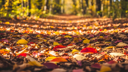 A carpet of colorful red and yellow autumn leaves on a sunlit forest floor path.