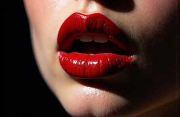 Obraz premium Woman with red lipstick in an intense close up of lips and lighting and shadows