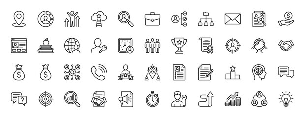 Fototapeta premium Human resources and business line icon set. Vector pictograms of teamwork, management, target, and success, thin linear illustration.