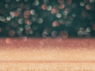 Soft glitter surface with blurred bokeh lights in the background. Festive golden sparkle and abstract light circles create a warm holiday atmosphere
