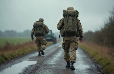 Obraz premium Two soldiers march on a wet rural road carrying large backpacks. A military vehicle follows behind them through a field. They wear camouflage uniforms in overcast weather.
