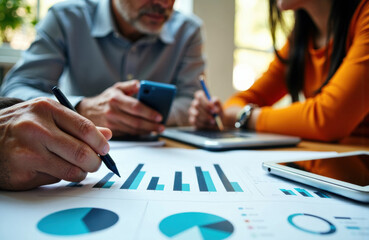 Team analyzes charts and graphs during a collaborative business meeting
