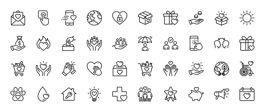 Charity and donation line icon set. Vector pictograms of hands with hearts, gift box, money, and global assistance, thin linear illustration.