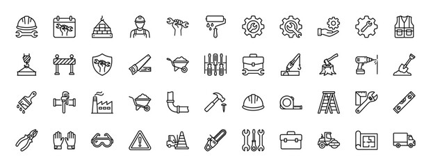 Construction and maintenance line icon set. Vector pictograms of tools, safety equipment, and building instruments, thin linear illustration.