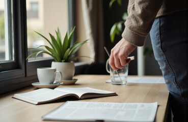 Woman organizes a calm desk by the window with an open book and a plant
