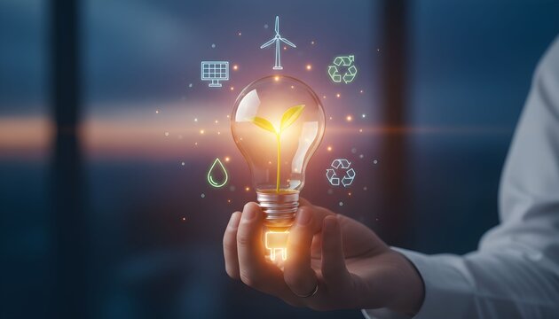 A hand holding a glowing lightbulb with green sprout inside, surrounded by icons representing renewable energy sources and sustainability.