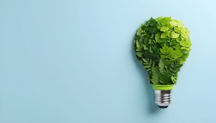 A light bulb made from fresh green leaves on a light blue background, symbolizing green energy and sustainability.