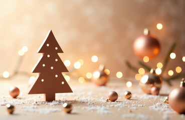 Christmas tree silhouette decor amid warm bokeh lights and snowfall specks