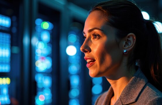 Businesswoman in a data center bathed in blue neon light surveying server racks - Powered by Adobe