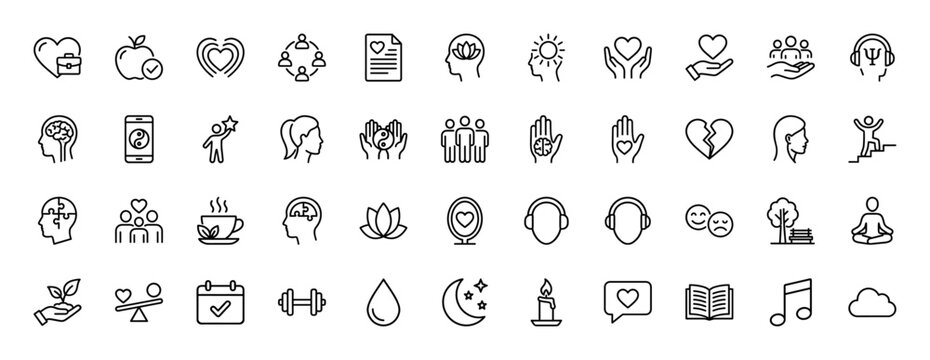 Mental health and self-care line icon set. Vector pictograms of heart, brain, meditation, yoga, and balance, thin linear illustration.
