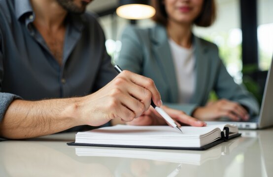 Man writing in notebook during a professional business meeting at a conference table