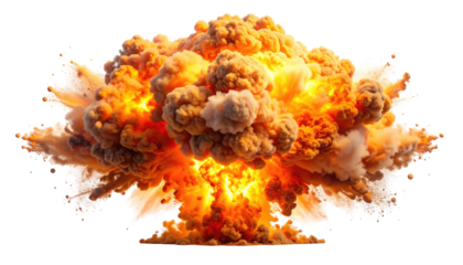 A vibrant, explosive cloud of fire and smoke. It shows a powerful, expanding blast of orange and yellow hues against a dark void