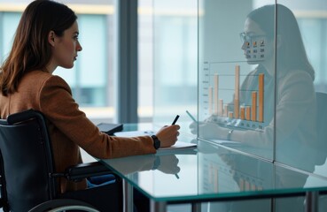 Businesswoman reviews data during a glass-walled meeting with colleagues