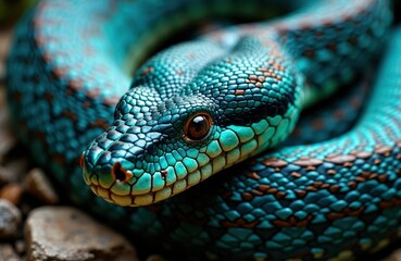 Fototapeta premium Snake close-up shows turquoise scales and a focused gaze in vivid detail