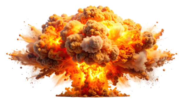 A vibrant, explosive cloud of fire and smoke. It shows a powerful, expanding blast of orange and yellow hues against a dark void