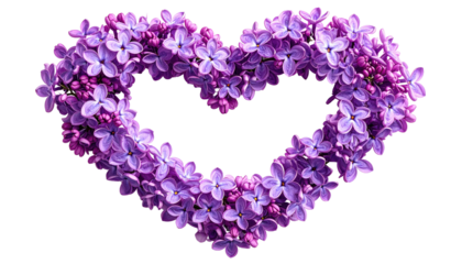 A heart-shaped floral arrangement crafted from clusters of small, purple blossoms against a transparent background