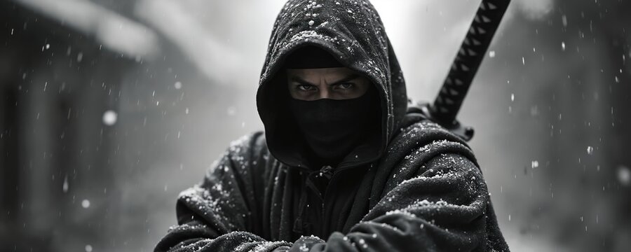Illustration of a ninja in black mask and hood. Warrior stands in snowy weather. The image suggests combat action and danger. A cinematic view of a mysterious assassin.