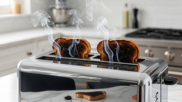 Toasted bread smoking in a silver toaster on kitchen countertop  