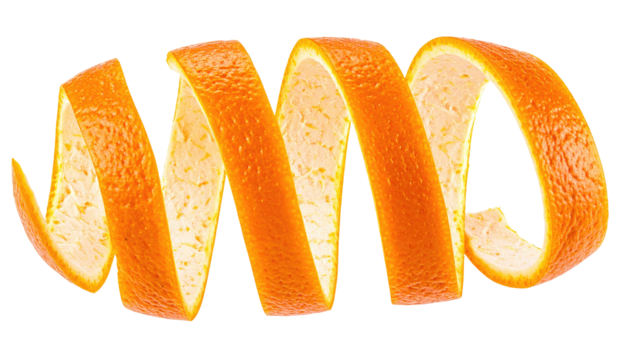 A vibrant, close-up photograph showcasing a peeled citrus fruit zest, spiraling gracefully against a stark black background