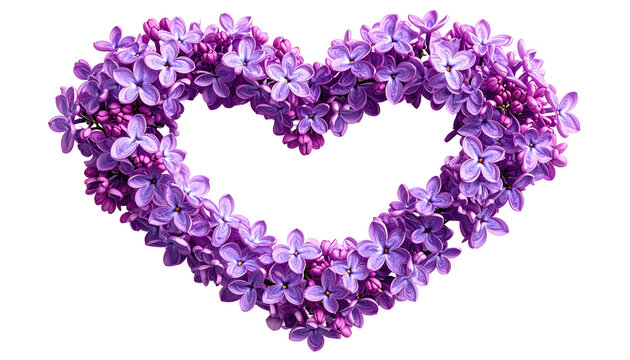 A heart-shaped floral arrangement crafted from clusters of small, purple blossoms against a transparent background