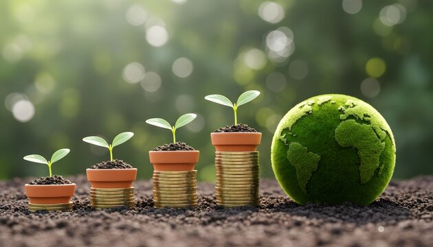 Seedlings in pots growing on ascending stacks of coins next to a green earth globe, symbolizing sustainable investment and green business growth.
