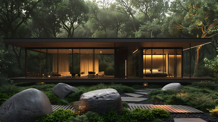 Modern Minimalist Glass House in Lush Forest at Dusk. Luxury Architectural Design, Nature Integration, Tranquil Retreat.