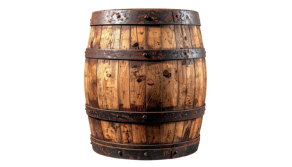 A worn, wooden barrel, aged by time, its staves held together with rusted metal bands, resting against a dark background