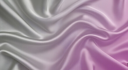 Fototapeta premium Smooth, elegant silk fabric with wavy folds, showcasing a beautiful gradient from soft grey to vibrant pink, creating a luxurious texture