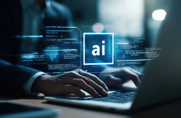 Person types on keyboard surrounded by holographic artificial intelligence interface graphics.