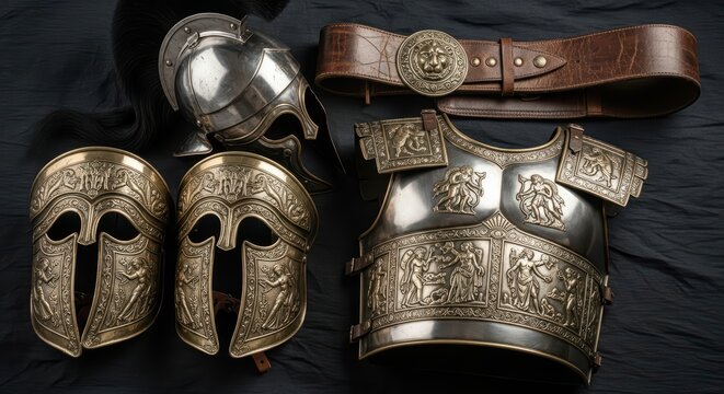 Ancient roman armor set with helmets and decorated cuirass on display