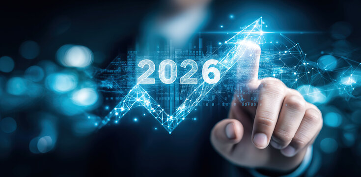 Finger pointing toward 2026 projection displaying upward business growth trajectory and future success.
