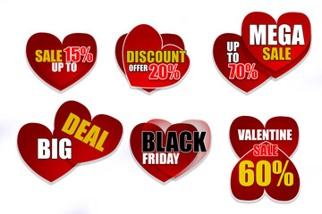 Collection of heart-shaped discount banner stickers for product marketing discounts