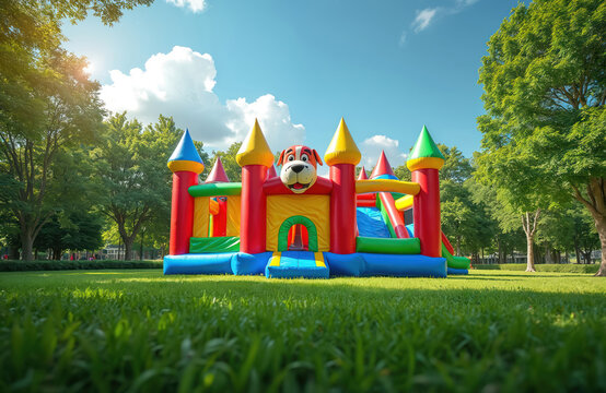 Bright inflatable bounce house castle in park with green grass under sunny blue sky. Colorful playground equipment for kids. Family event fun activities outside - Powered by Adobe
