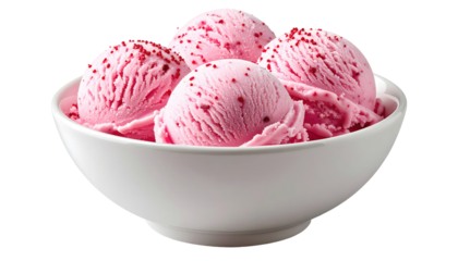Close-up of four scoops of pink ice cream with red sprinkles, in a white bowl, against a black background