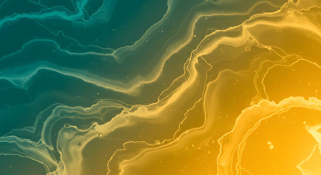 Vibrant abstract fluid art background with swirling teal and golden yellow alcohol ink, creating a dynamic organic marble texture for modern design