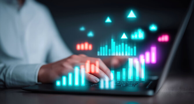 Professional analyzes vibrant holographic data visualizations displaying business performance metrics and trends.