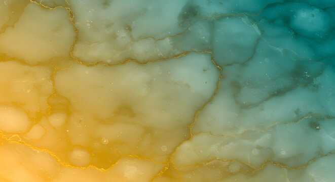 Abstract marble texture background with a vibrant gradient of warm golden yellow blending into cool teal blue, creating a luxurious and artistic surface