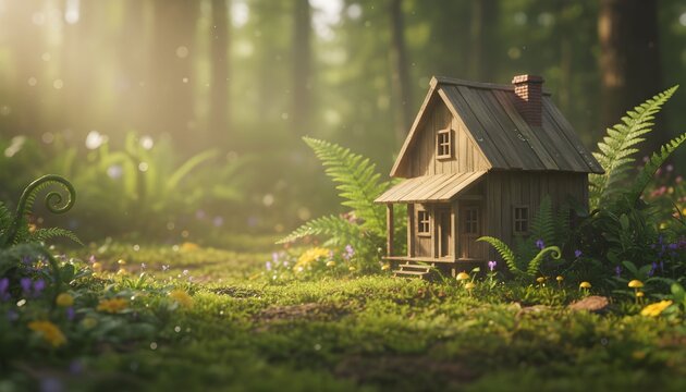 A tiny wooden cabin nestled in a sun-dappled forest clearing, surrounded by lush ferns and wildflowers. - Powered by Adobe