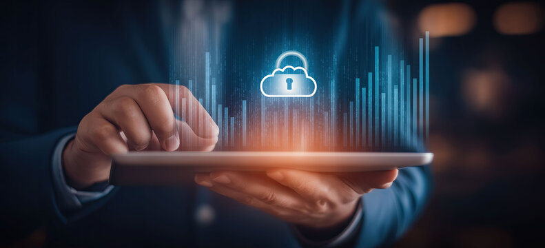 Businessman holding tablet displaying secure cloud computing technology with protective lock symbol. - Powered by Adobe