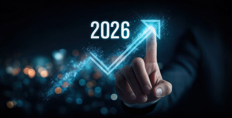 Professional touching illuminated 2026 arrow symbolizing projected business growth and forward momentum.