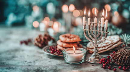 Hanukkah menorah with candles illuminating festive table featuring traditional holiday treats and decorations.