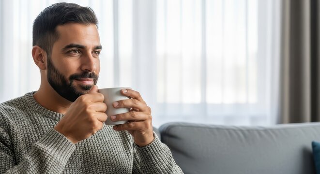 Man enjoying coffee while relaxing on couch in cozy living room - Concept of Unposed leisure scenes  