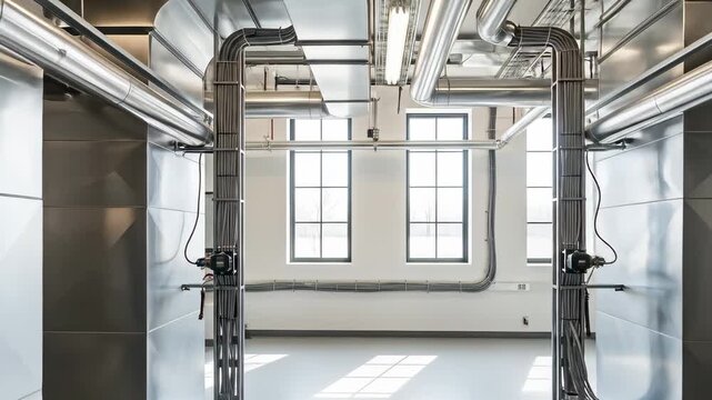 Modern industrial interior featuring metallic pipes and conduits with two windows at the end
