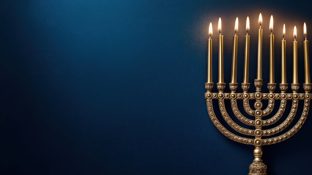 Ornate golden menorah with burning candles illuminating traditional Jewish Hanukkah celebration background.