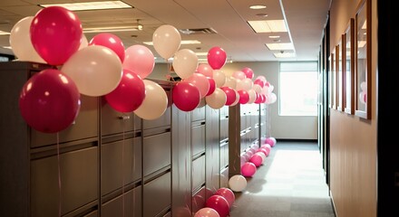 Pink and white balloons decorating an office hallway for a party. Corporate celebration for a birthday or special event. Employee appreciation and positive workplace culture