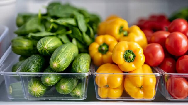 Fresh vegetables in fridge transition from peppers to cucumbers and spinach