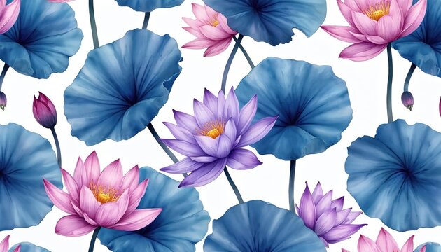Watercolor lotus flowers and big blue leaves pattern. Pink and purple blooms open on white background. Aquatic plants create peaceful garden scene. Nature art repeats. - Powered by Adobe